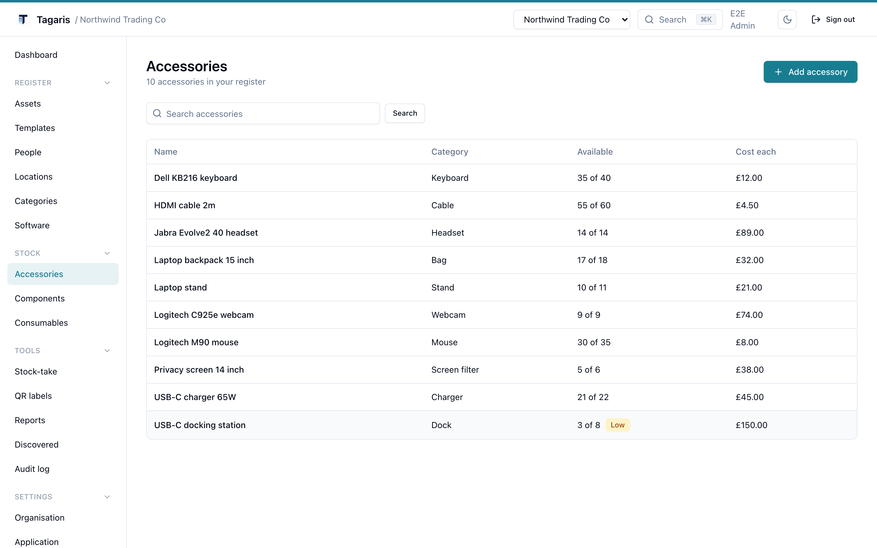 The accessories page listing stock items with their quantities and low-stock thresholds