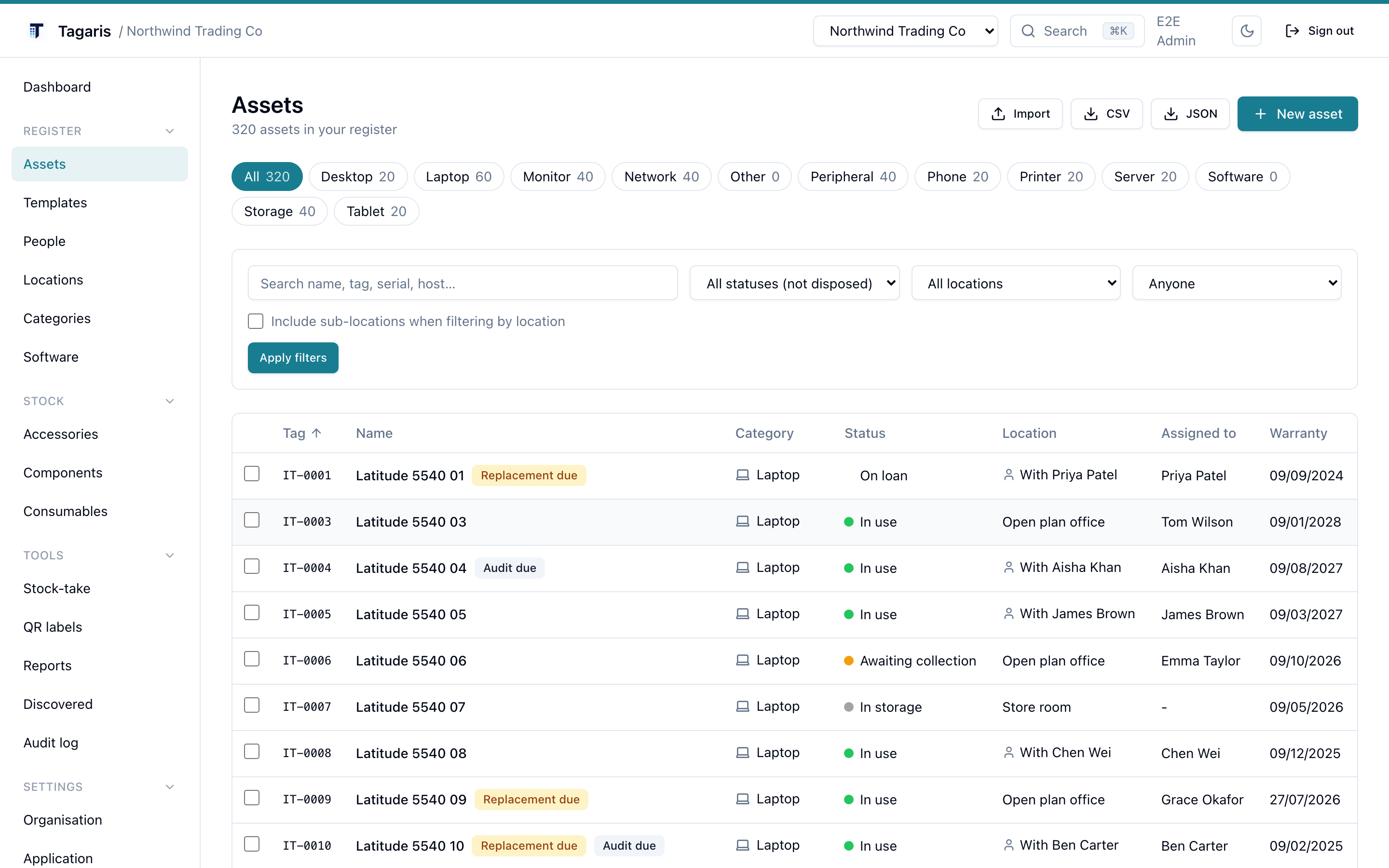The Tagaris asset register: a filterable table of assets with tag, category, status, location, assignee and warranty date