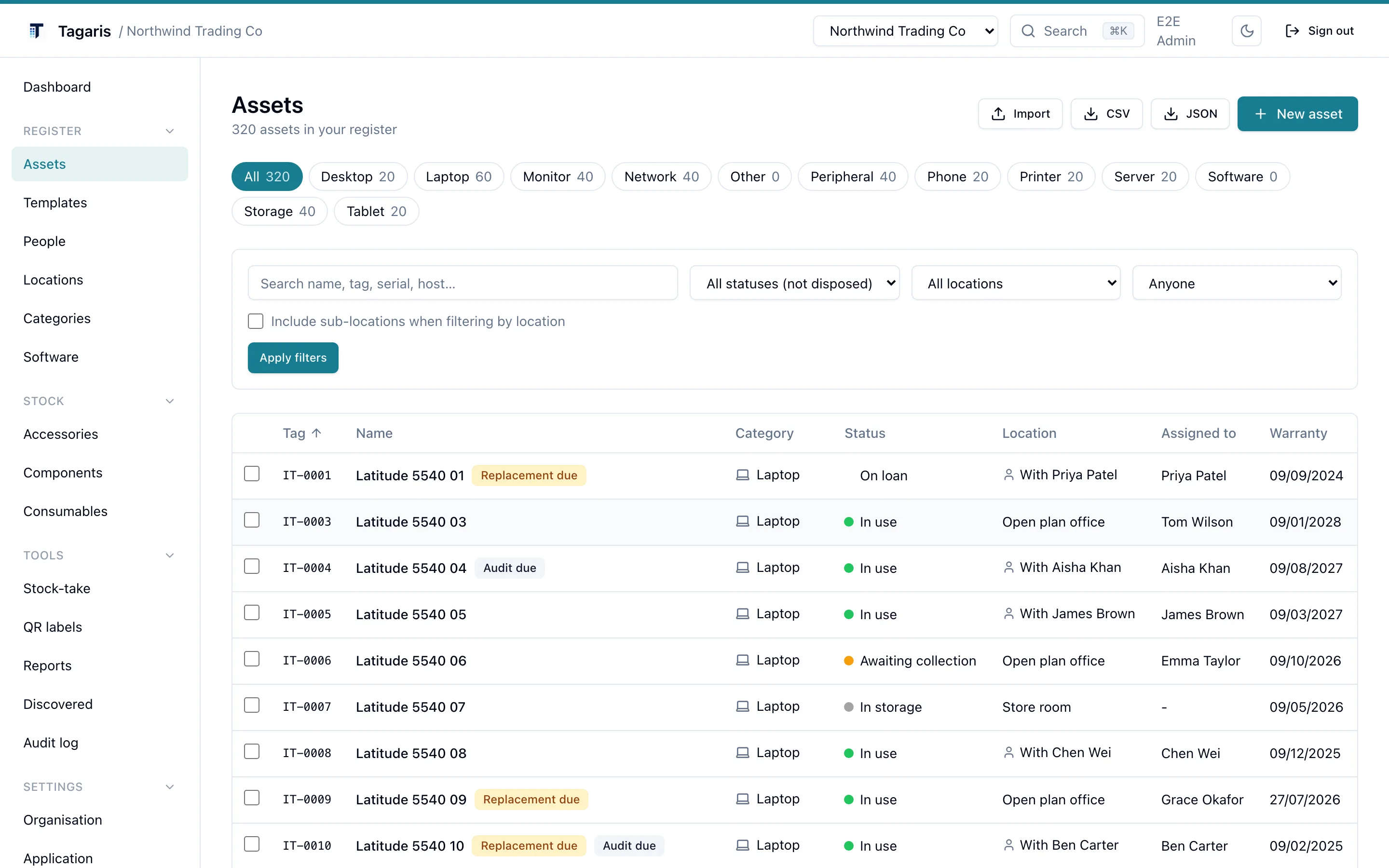 The Tagaris asset register: a filterable table of assets with tag, category, status, location, assignee and warranty date