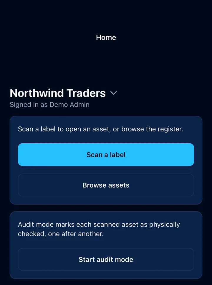The Tagaris iOS app home screen with Scan and Audit
