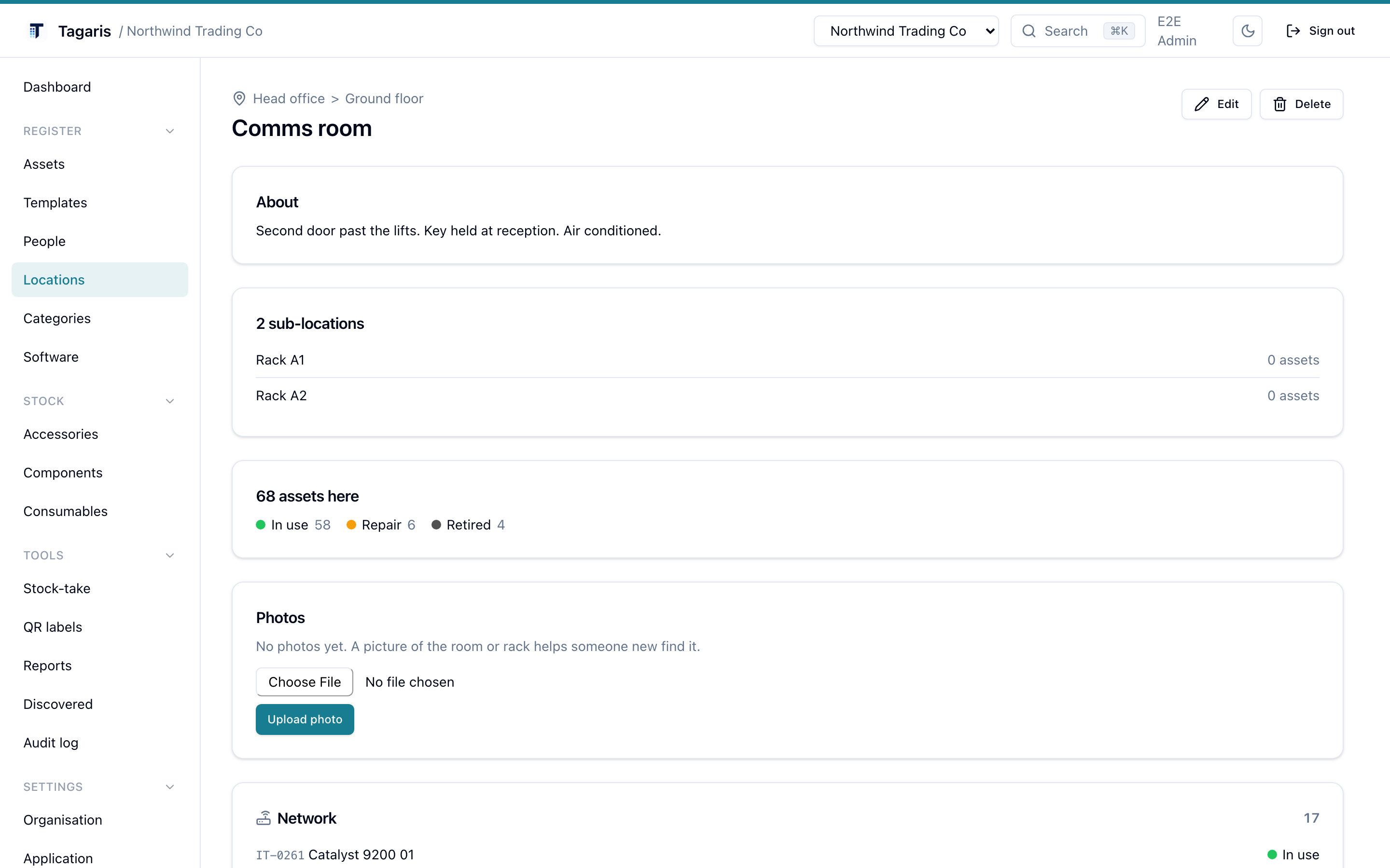 A location page for the comms room, listing the assets in the room grouped by category with their statuses