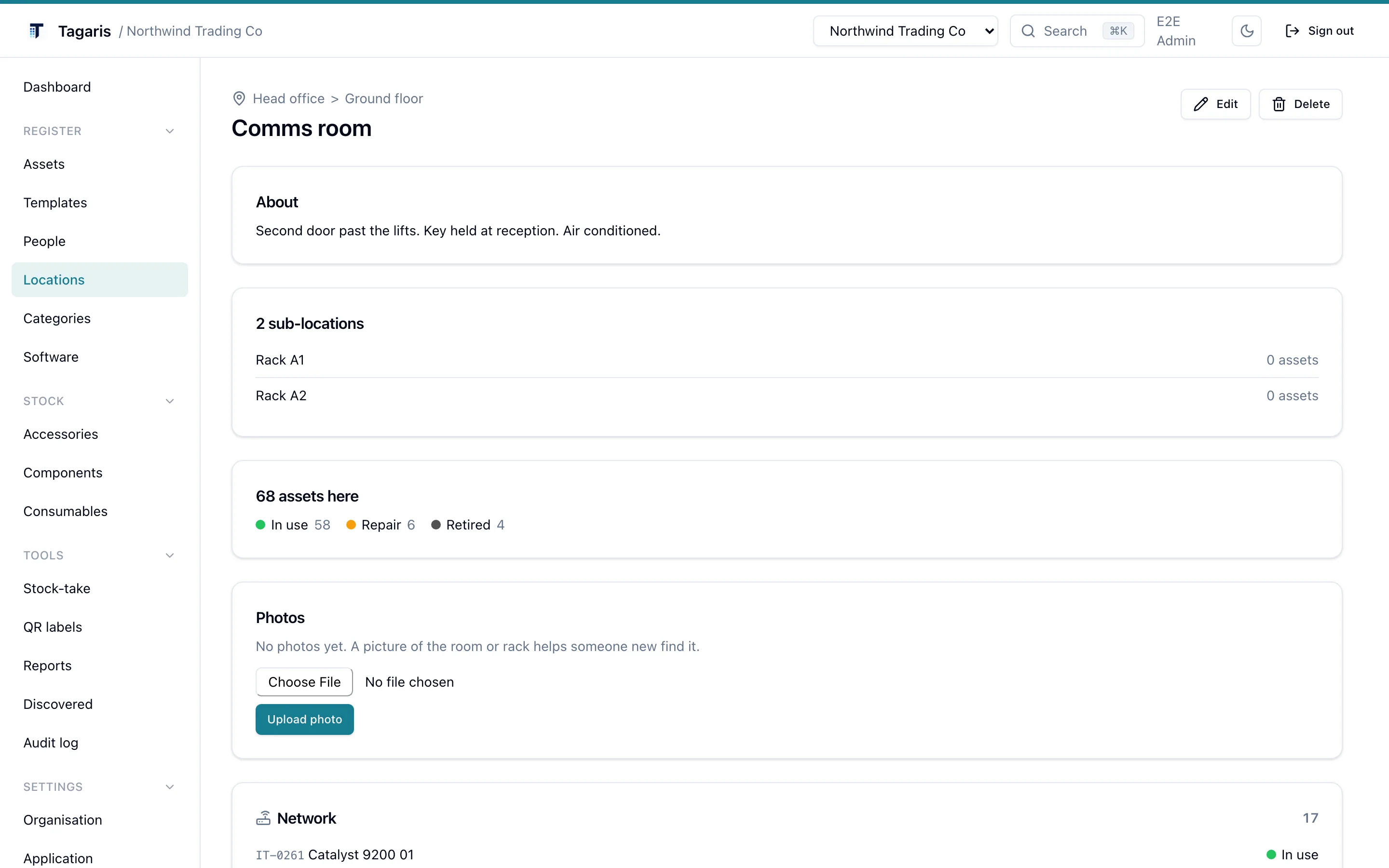 A location page for the comms room, listing the assets in the room grouped by category with their statuses